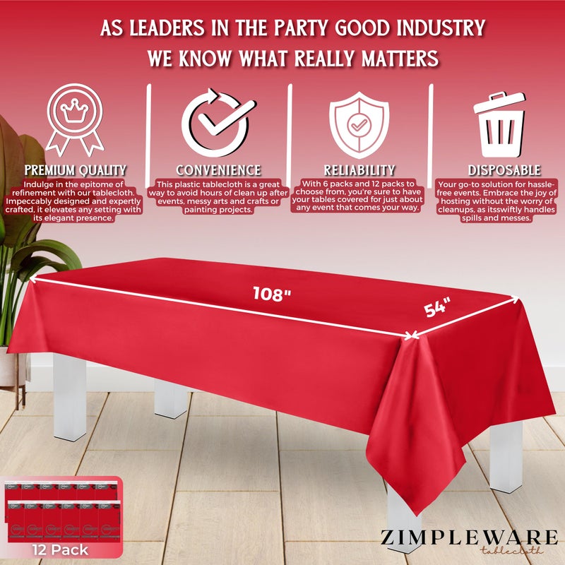 ZIMPLEWARE Premium Red Plastic Table Cloth Disposable (12 Pk) Plastic Tablecloths for Rectangle Tables (54in x 108in) Party Table Cloths Disposable for 6ft to 8ft Rectangle Tables - Image 3